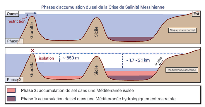 Les deux phases d'accumulation de la couche de sel méditerranéenne pendant la crise de salinité messinienne. Au cours de la première phase, le sel s'est accumulé dans un bassin méditerranéen rempli de saumure ; dans la deuxième phase, le sel s'est accumulé dans une Méditerranée complètement isolée de l'océan Atlantique sous l'effet de la baisse importante du niveau de la mer dans les sous-bassins méditerranéens occidental et oriental. © Giovanni Aloisi